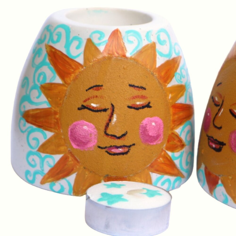 NEW Single Ceramic Hand Painted Sun Face Tea Light Holder with Candle Gift Set